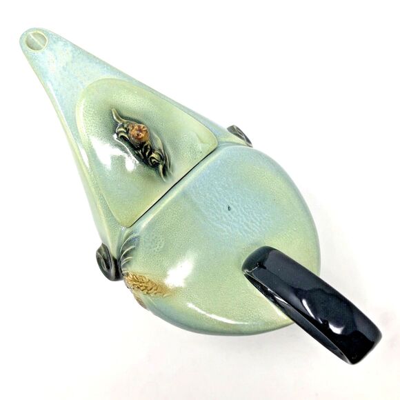HULL Art Deco Pottery Teapot 1950's Parchment & Pine Sage Green VTG Mid Century - Picture 7 of 12